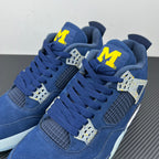Air Jordan 4 sneaker pair in blue with net-style panels and yellow “M” on tongues