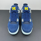 Air Jordan 4 sneaker pair with blue laces, white midsoles, and yellow “M” patches