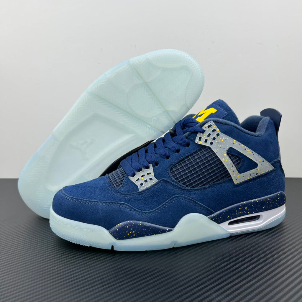 Air Jordan 4 sneaker with blue upper and white outsole viewed from the side