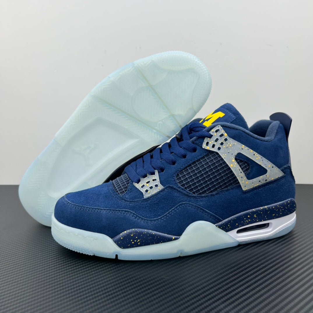 Air Jordan 4 sneaker with blue upper and white outsole viewed from the side
