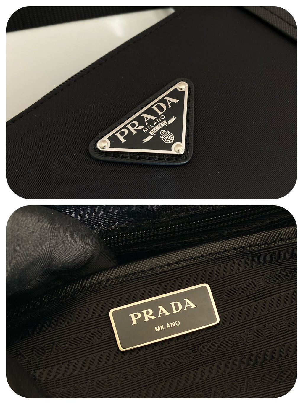 Prada logo plaque and zip pull on dark nylon tote bag