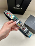 Versace belt with multicolor graphic strap and silver-toned lion buckle