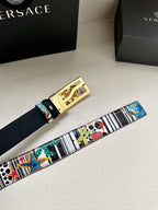 Versace belt with multicolor graphic strap and gold rectangular buckle