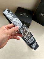 Versace belt with silver-gray patterned strap and square silver-tone Medusa buckle