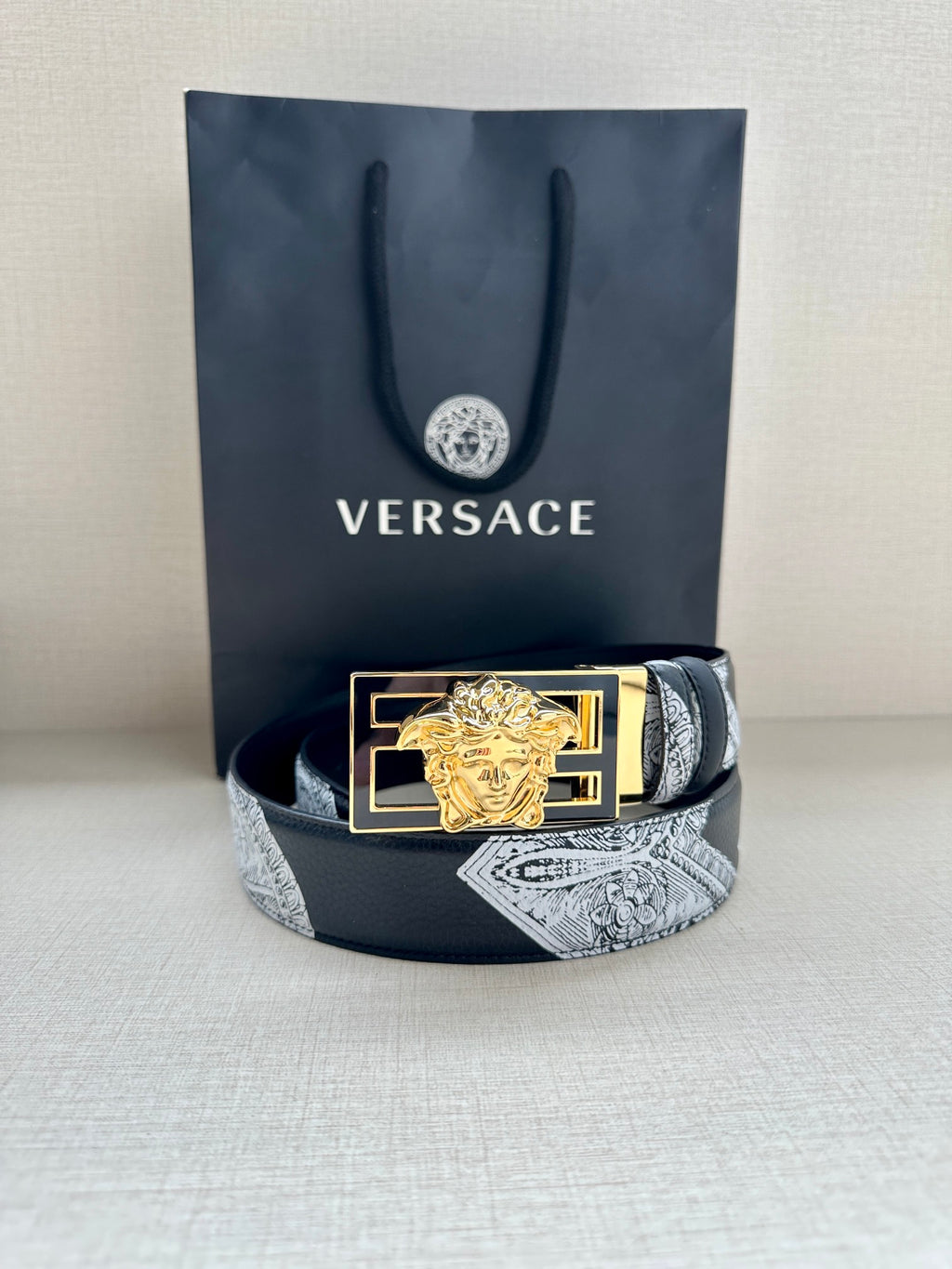 Versace belt with gray patterned panel and gold-tone Medusa buckle
