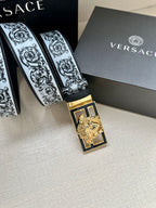 Designer belt with baroque patterned strap and gold Medusa square buckle