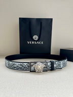Designer belt with baroque-printed strap and silver-toned Medusa buckle