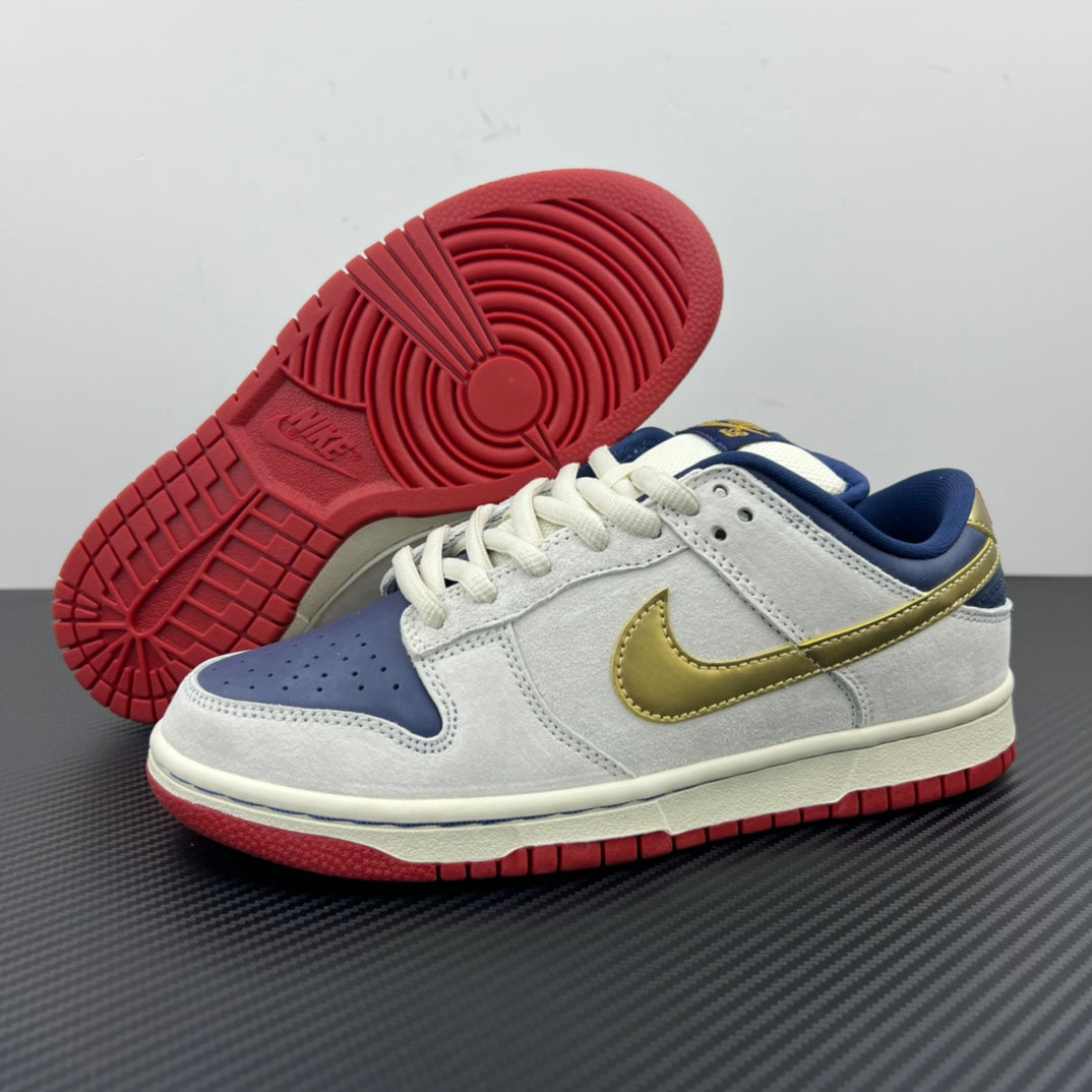 Low-top sneaker with white laces, light gray/white upper, gold swoosh, red outsole.