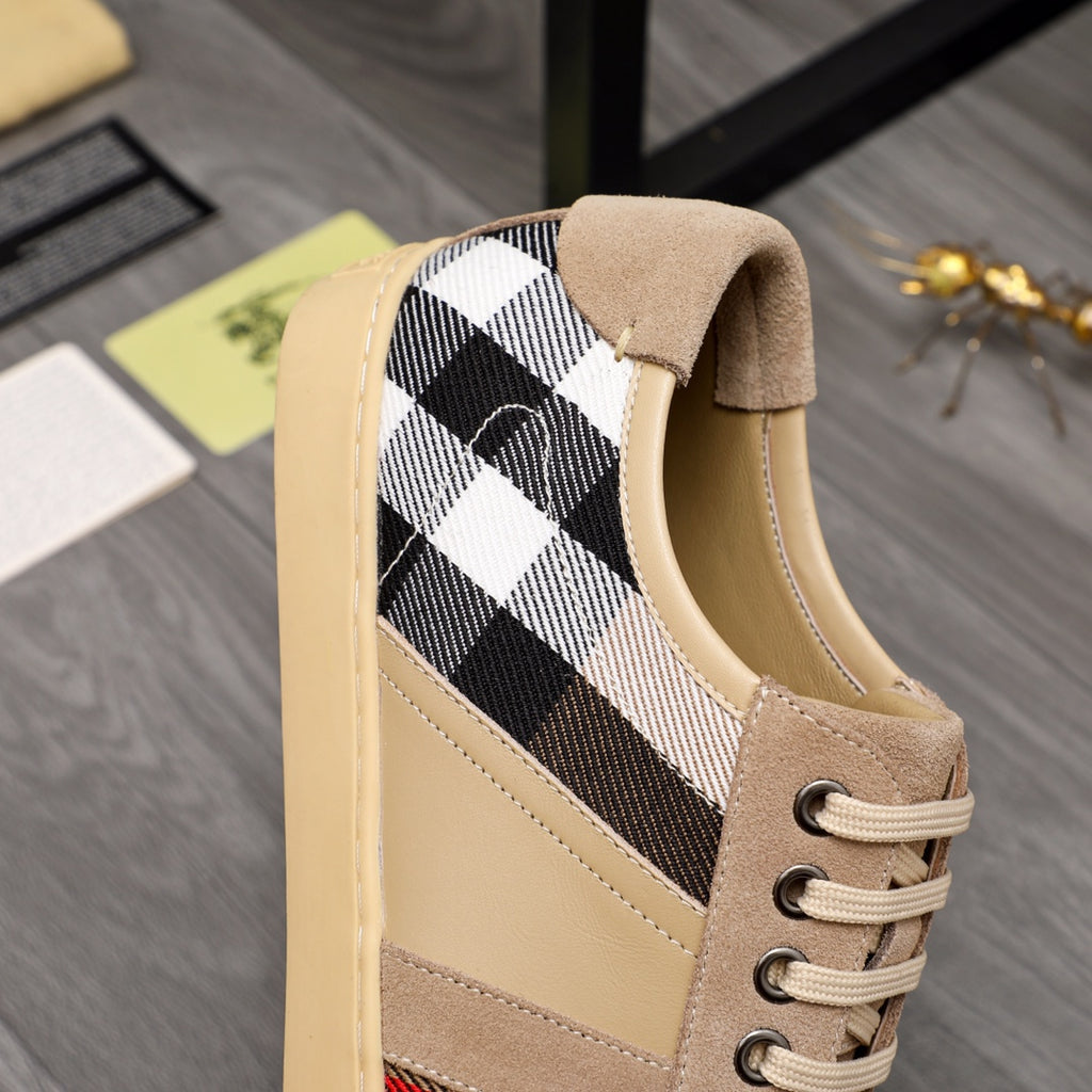 Burberry suede sneaker close-up, beige upper with black-and-white check panel and lace-up