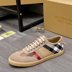 Burberry beige suede lace-up sneaker with black-and-white check side panel and red stripe