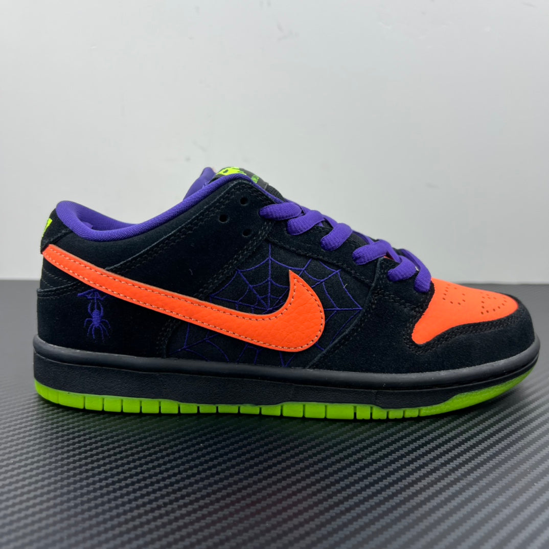 Low-top sneakers in black with orange toe and swoosh, purple laces, neon green sole.