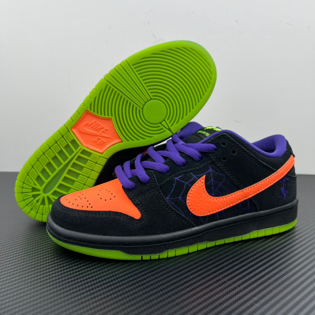 Sneaker outsole underside, neon green tread with orange Nike logo.