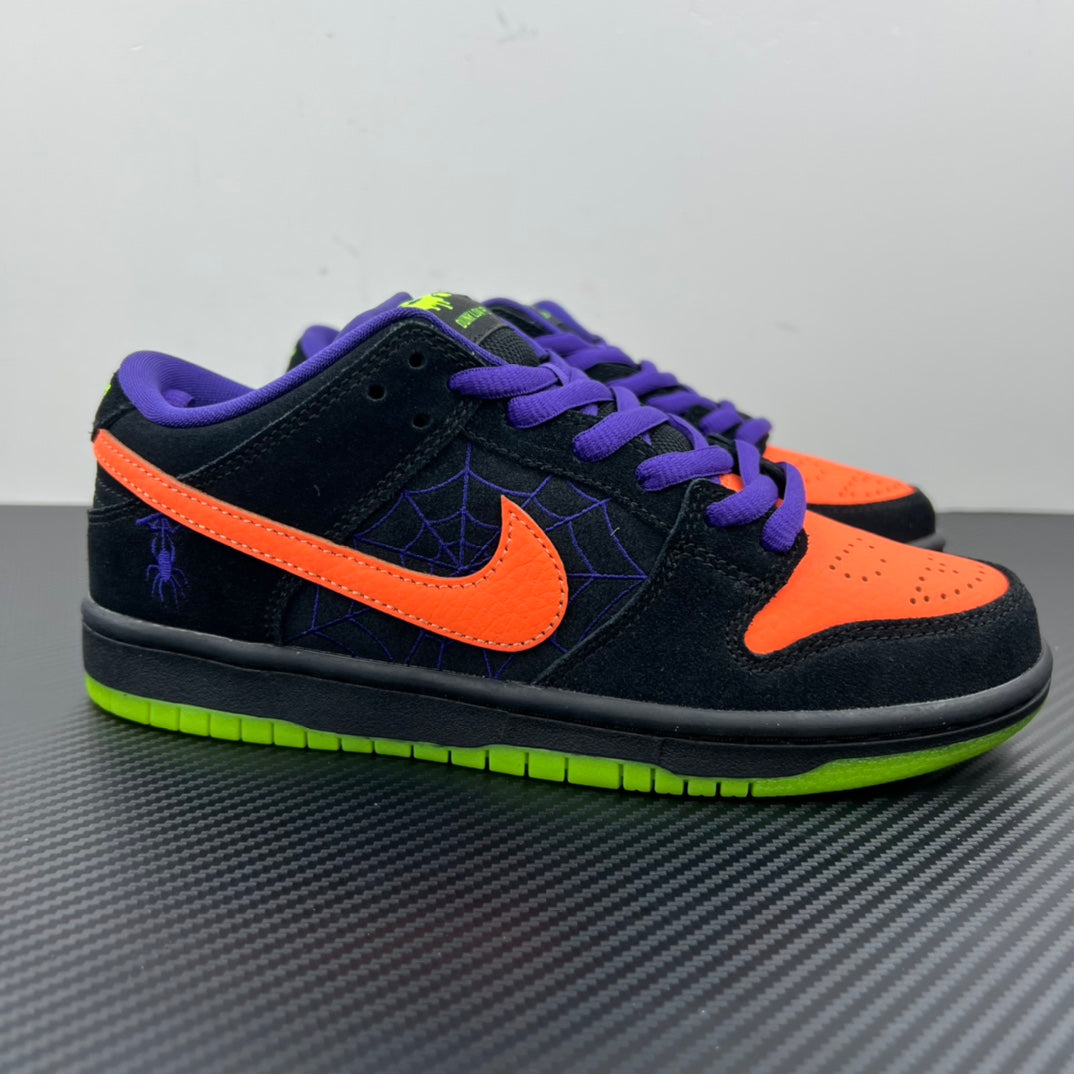 Low-top skate shoes, black with orange swoosh, purple laces, neon green sole.