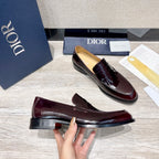 Dior unisex patent leather loafer, dark burgundy side view with stitched sole