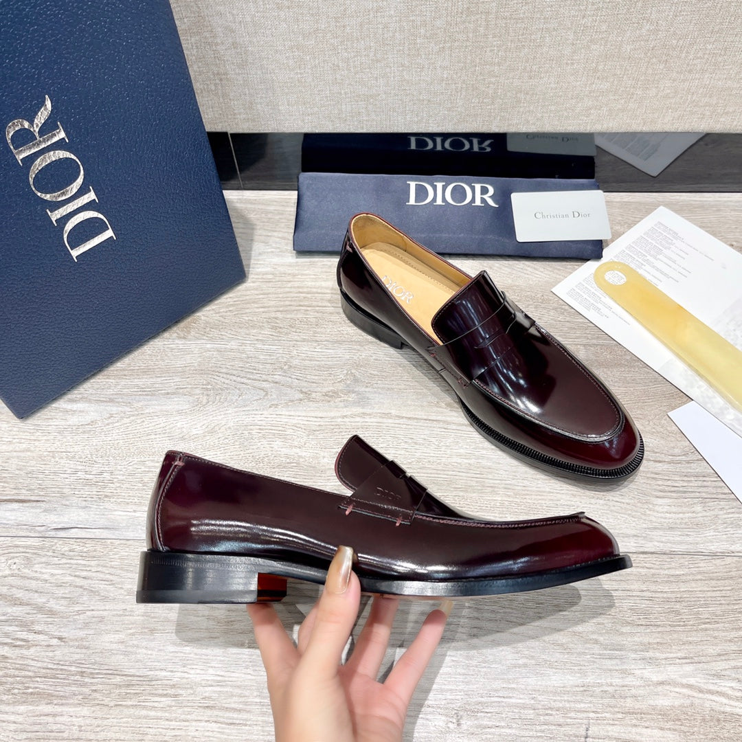 Dior unisex patent leather loafer, dark burgundy side view with stitched sole