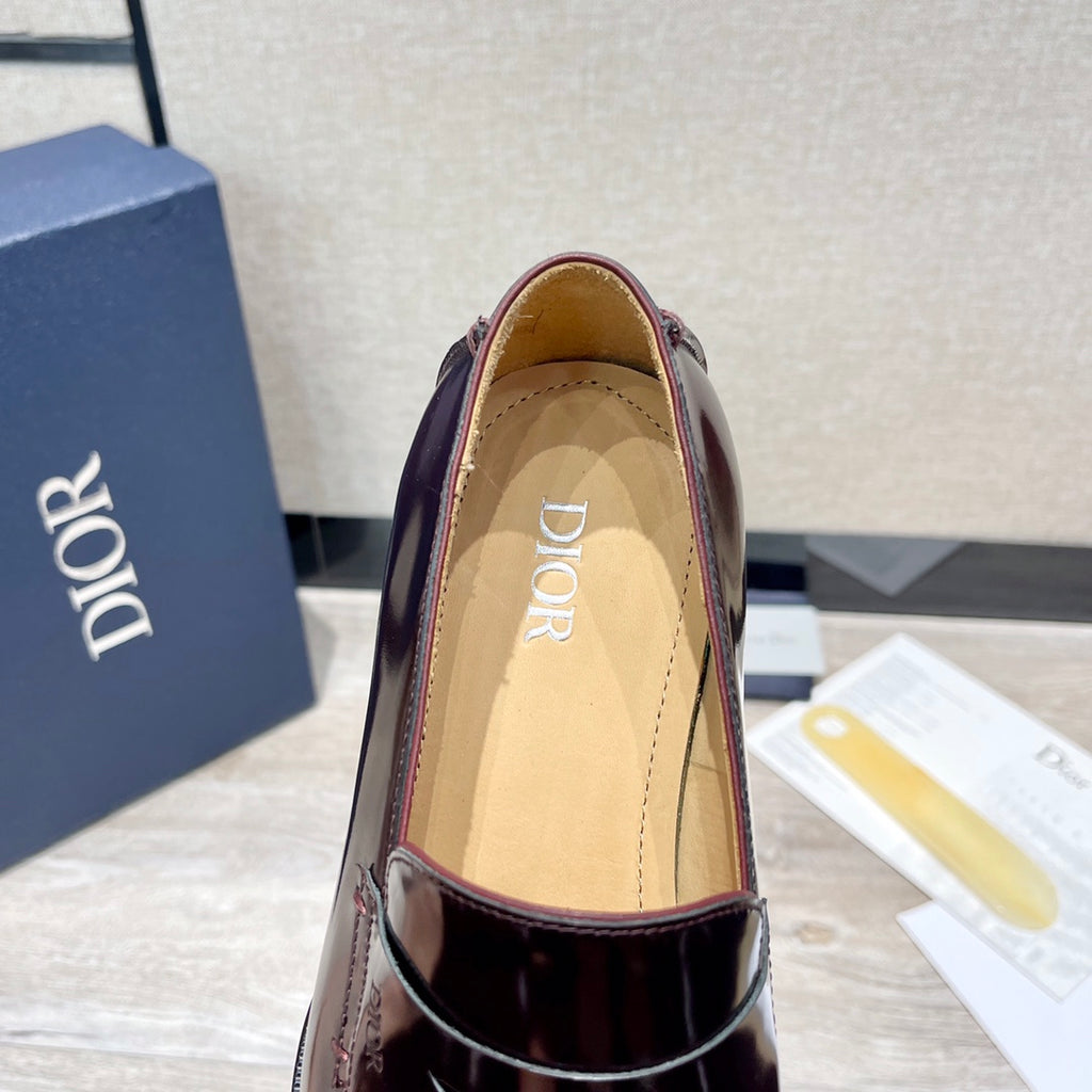 Dior unisex patent leather loafer, dark burgundy heel with Dior logo in lining