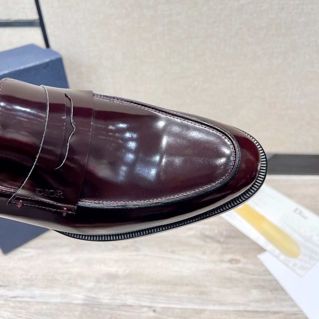 Dior unisex patent leather loafer toe, dark burgundy glossy finish with stitching