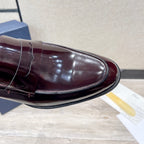 Dior unisex patent leather loafer toe, dark burgundy glossy finish with stitching