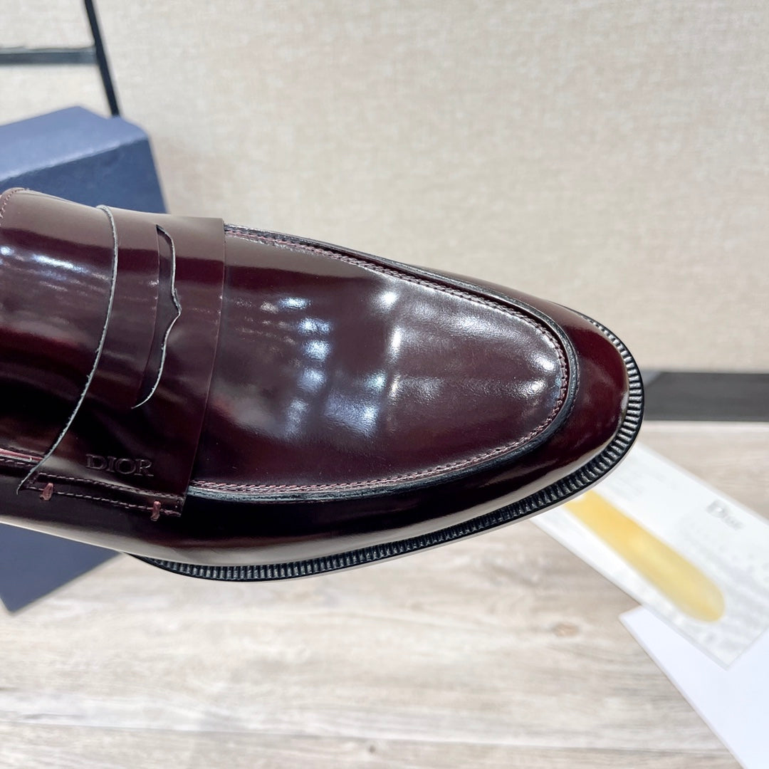 Dior unisex patent leather loafer toe, dark burgundy glossy finish with stitching