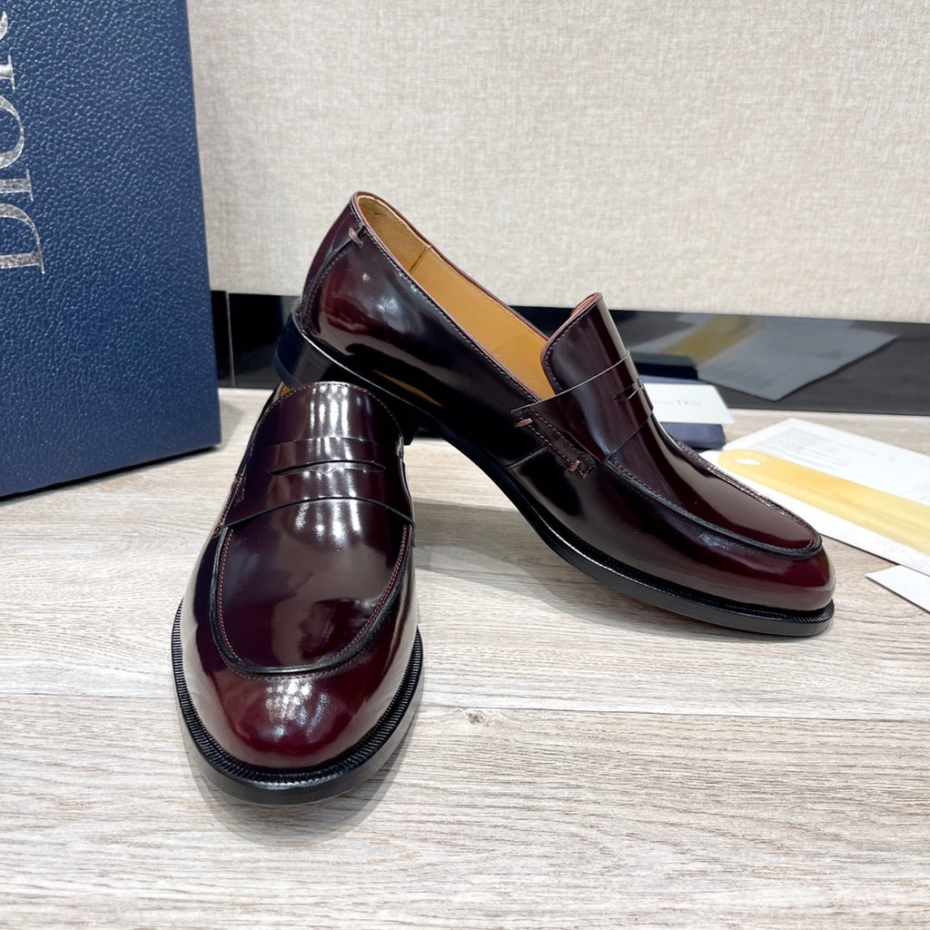 Dior unisex patent leather loafer, dark burgundy with curved moc toe strap
