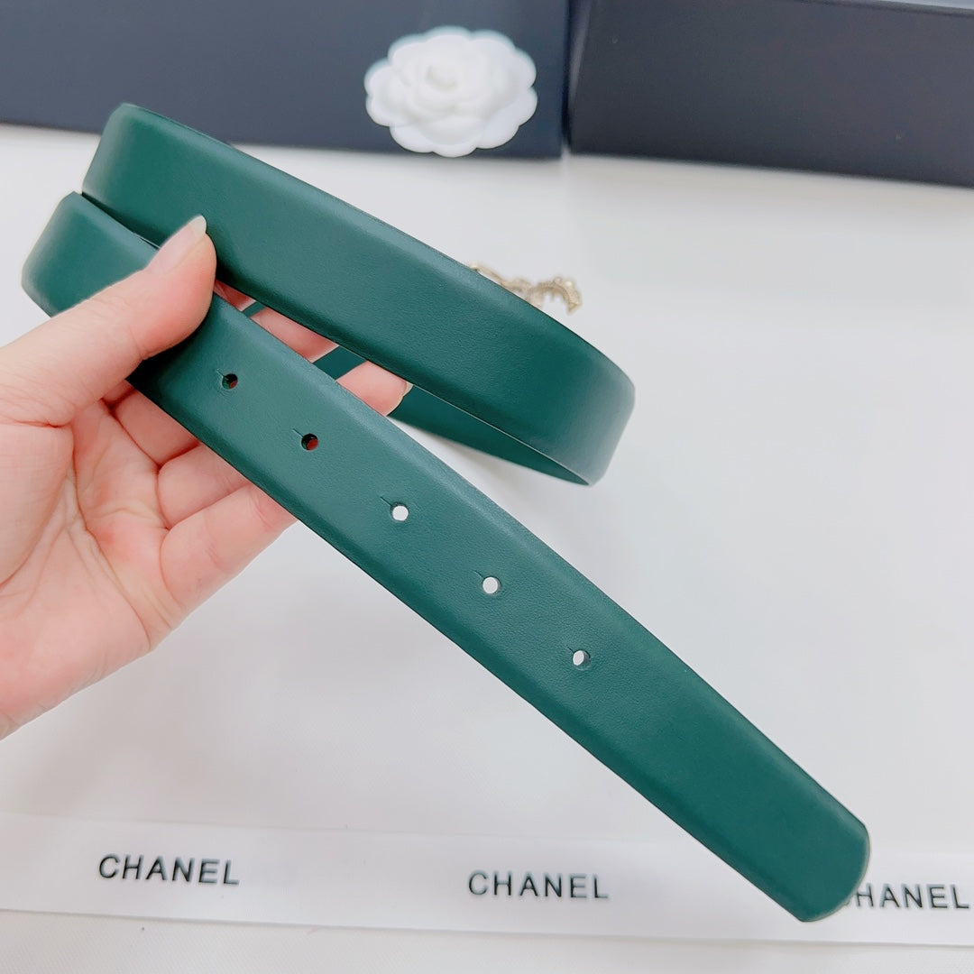 Green Chanel belt strap with punched holes and leather keeper, buckle side hidden