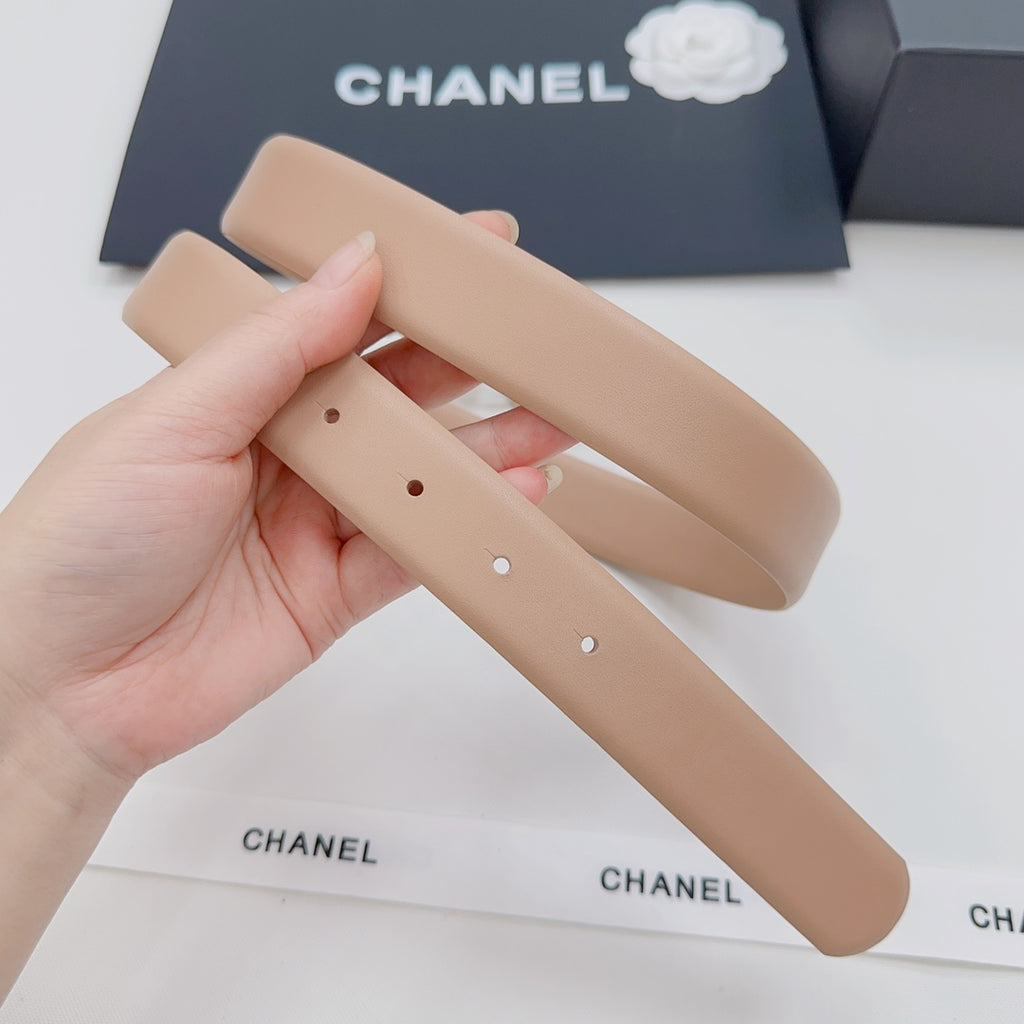 Beige Chanel belt strap with adjustable punched holes, showing strap pair