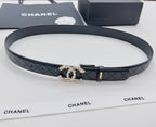 Chanel belt, dark quilted strap with gold buckle and pearl-embellished floral clasp