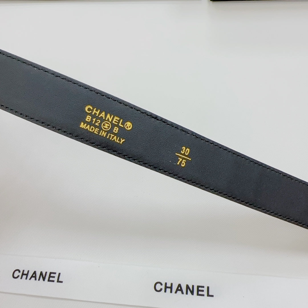 Black Chanel belt label: CHANEL, made in Italy, size marks 30/75