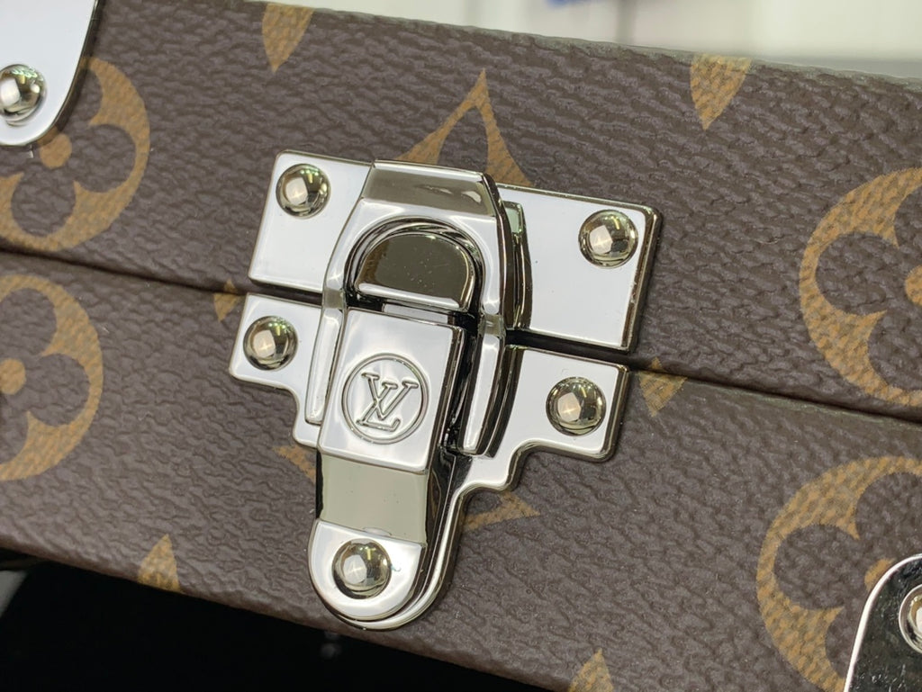 Louis Vuitton monogram bag metal clasp with engraved logo and stud plates