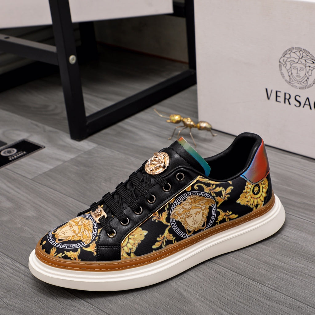 Versace sneakers, black with gold baroque medallion print and striped collar detail