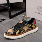 Versace sneakers, black with gold baroque medallion print and striped collar detail