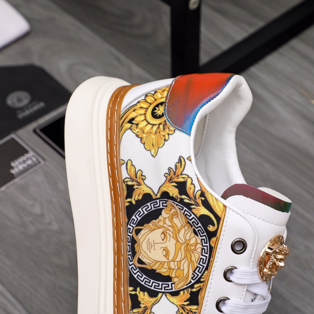 Low-top sneakers, white with baroque gold face print and multicolor collar trim