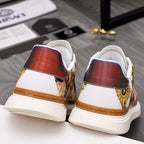 Low-top sneakers, white heels with multicolor collar and tan-brown sole