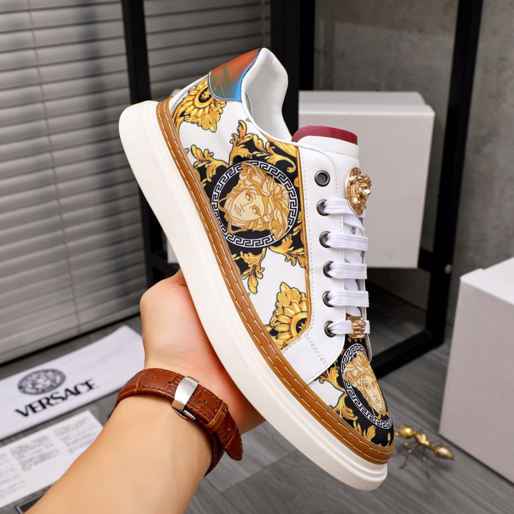 Low-top sneakers, white with baroque gold prints, gold trim edge and multicolor collar