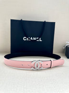 Chanel pink leather belt laid flat with silver CC buckle