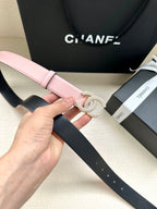 Chanel pink leather belt with silver CC buckle and stitched strap edges