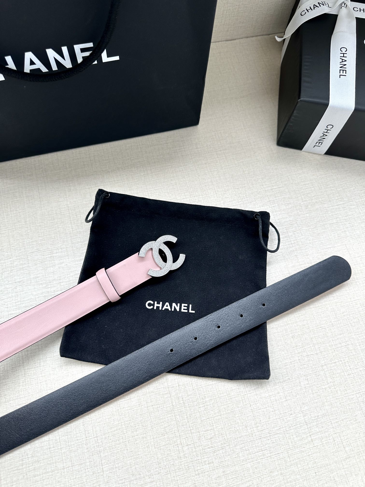 Chanel pink leather belt with silver CC buckle and adjustable holes