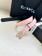 Chanel pink leather belt with silver CC buckle and belt-end strap