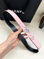 Chanel pink leather belt with silver CC buckle and visible eyelets
