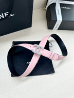 Chanel pink leather belt with silver CC buckle, looped strap and holes