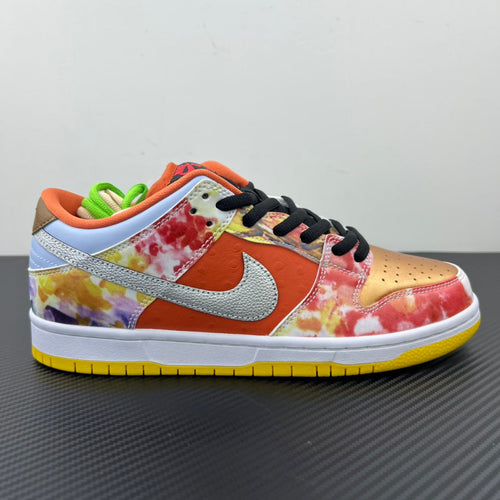 Nike Dunk SB Low sneakers, multicolor panels, black laces, light silver swoosh, yellow sole