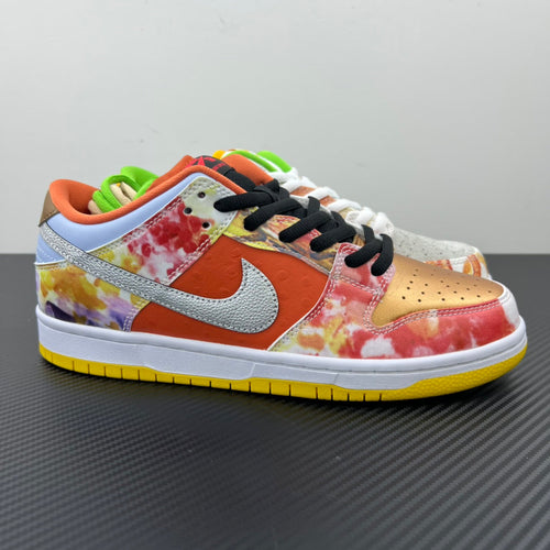 Nike Dunk SB Low sneakers, multicolor leather upper, black laces, silver swoosh, yellow sole