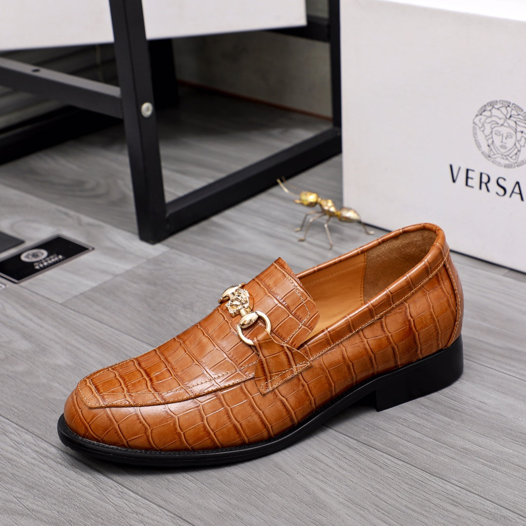 Versace luxury shoes, brown leather loafer with gold chain bit detail and black sole
