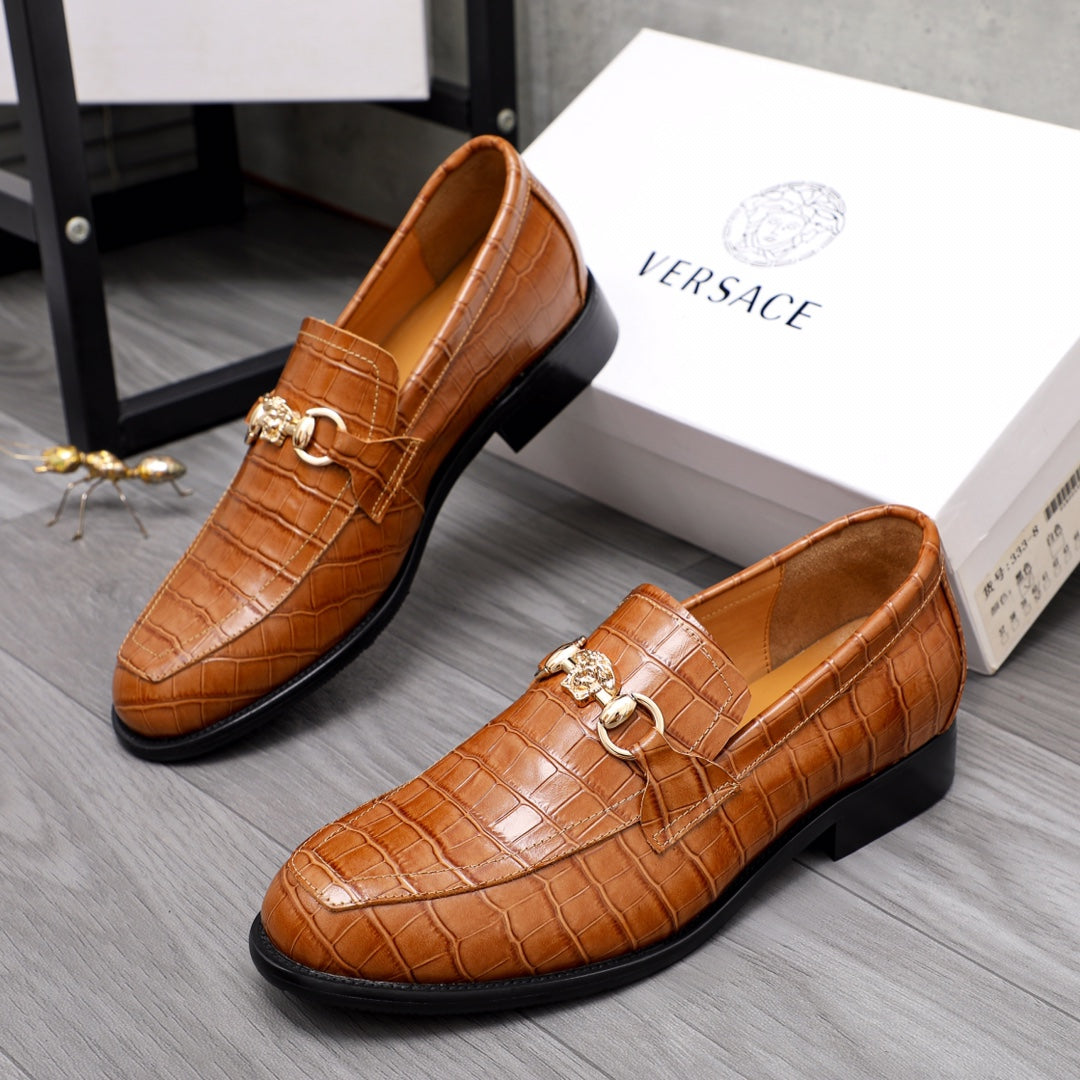 Versace luxury shoes, pair of brown croc-embossed loafers with gold buckle and black sole