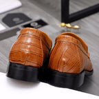 Versace luxury shoes, brown loafers with black soles and textured crocodile-style finish