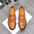 Versace luxury shoes, brown croc-embossed leather loafers with gold bit buckle detail