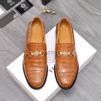 Versace luxury shoes, brown croc-embossed leather loafers with gold bit buckle detail