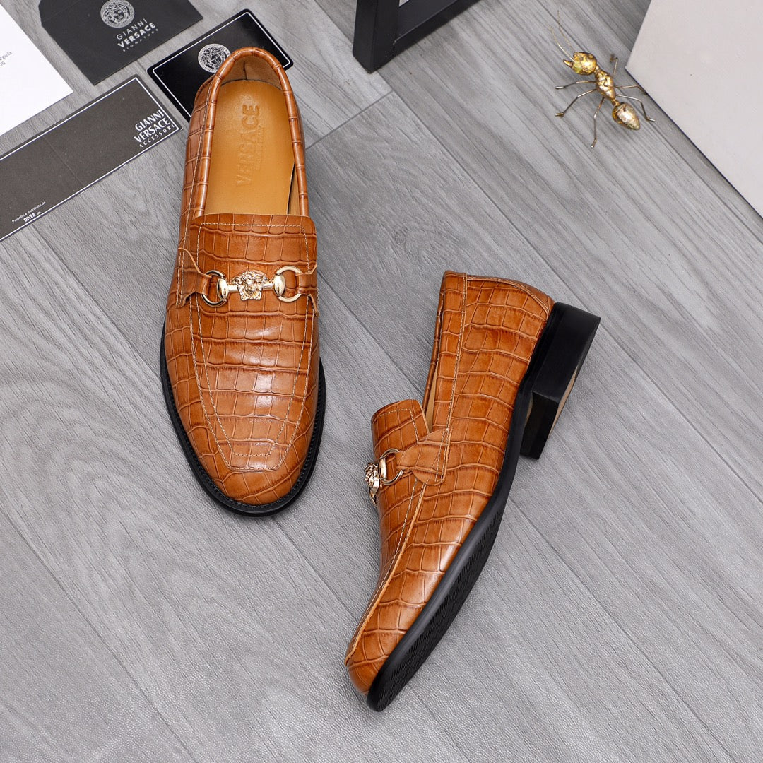 Versace luxury shoes, brown croc-embossed loafers with gold bit detail and thick black sole