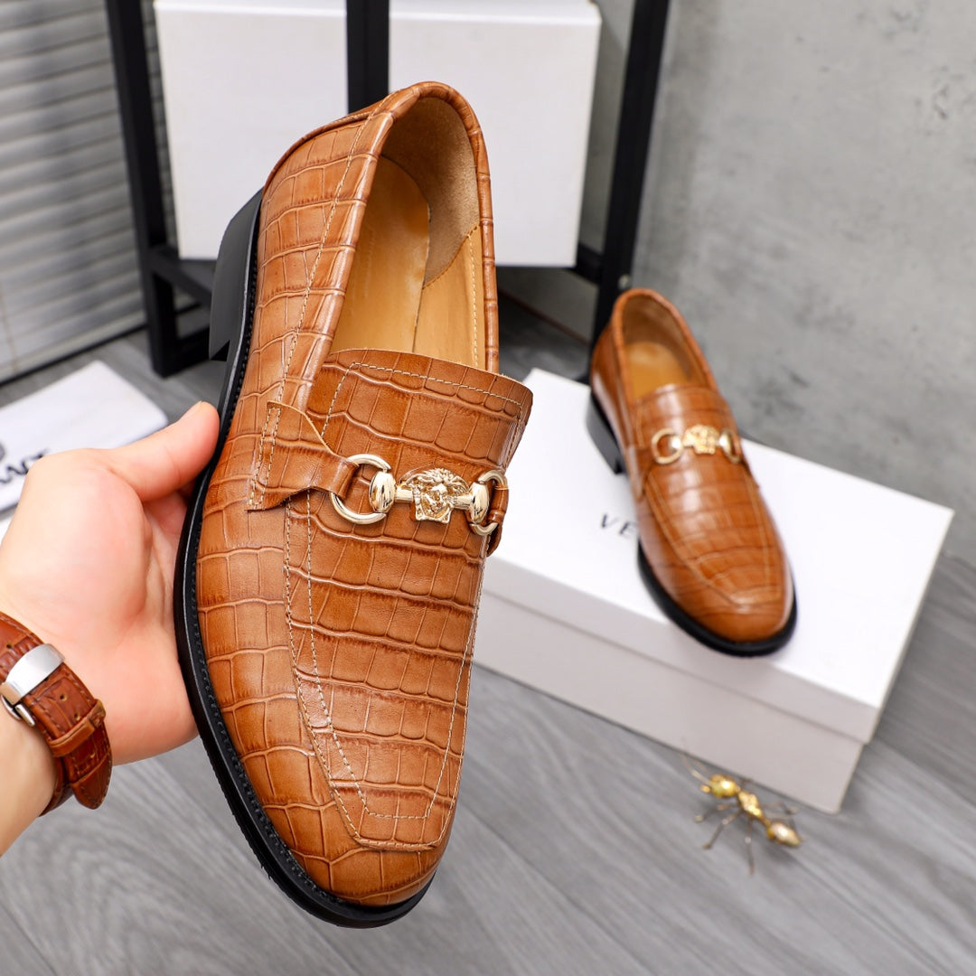 Versace luxury shoes, brown slip-on loafer with gold bit buckle on textured upper