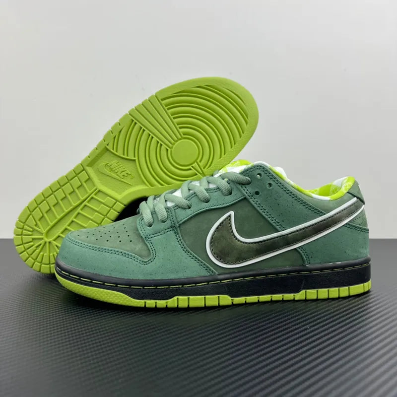 Sole view of green Nike SB Dunk low-top sneakers with lime-green outsole and black midsole